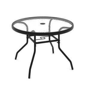 Mesa Redonda para Exterior con Vidrio Templado Orificio para Sombrilla y Metal para Jardín o Terraza 70 x 70 x 45,5cm