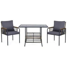 Conjunto de 3 Piezas Bistró de Mimbre para Patio con Cojines Mesa Rectangular y Sillas para Balcón o Jardín Gris Oscuro