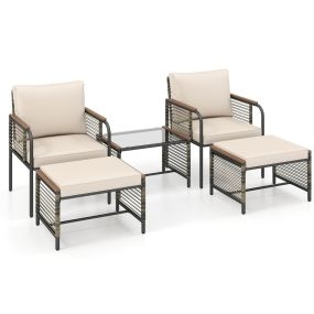 Conjunto de Conversación Exterior 5 Piezas Ratán Cojines 2 Otomanas Mesa Café Vidrio Templado Muebles Patio Balcón Terraza Jardín Beige