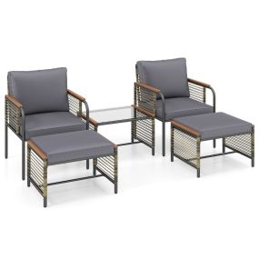 Conjunto de Conversación Exterior 5 Piezas Ratán Cojines 2 Otomanas Mesa Café Vidrio Templado Muebles Patio Balcón Terraza Jardín Gris