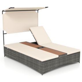 Tumbona doble de jardín de ratán PE con toldo, mesa integrada y portavasos, 203 x 147 x 164 cm
