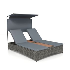 Tumbona doble de ratán PE con parasol y dos mesitas ajustable 5 niveles 360 kg gris 203 x 147 x 164 cm