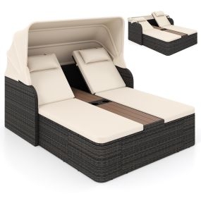 Cama Doble de Ratán con Sombrilla Retráctil Respaldos Ajustables Mesa Central Portavasos para Jardín Piscina Terraza Beige