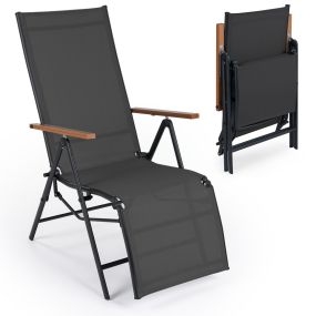Tumbona plegable con respaldo ajustable 5 posiciones y reposabrazos, tejido transpirable, negro
