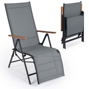 Tumbona plegable con respaldo ajustable 5 posiciones y reposabrazos, tejido transpirable, gris