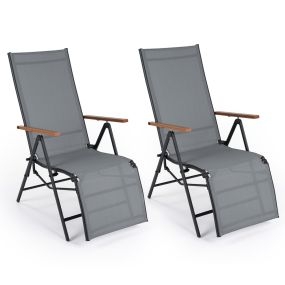 Juego de 2 tumbonas plegables con respaldo ajustable 5 posiciones y reposabrazos, gris