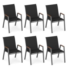 Juego de 6 sillas de jardín apilables con respaldo alto, reposabrazos, metal y tejido transpirable negro