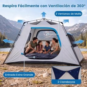 Tienda automática familiar para 6 personas resistente al agua con toldo desmontable y bolsa de transporte 316 x 280 x 185 cm gris y azul