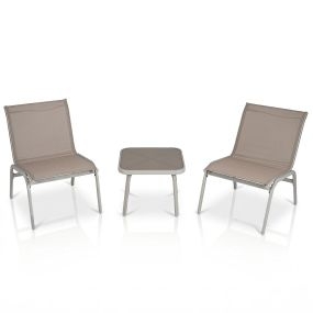 Conjunto de 3 piezas para exterior con mesa de vidrio templado y 2 sillas de acero beige
