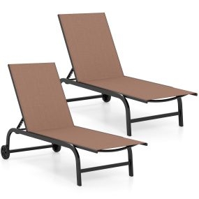 Set de 2 tumbonas exteriores con respaldo ajustable 5 niveles y ruedas, estructura metálica, 190 x 69 cm, café