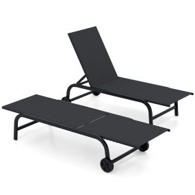 Set de 2 tumbonas exteriores con respaldo ajustable y ruedas, estructura metálica, negro, 164 x 69 x 99 cm