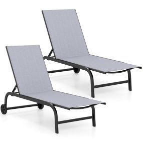 Set de 2 tumbonas exteriores con respaldo ajustable 5 niveles y ruedas, estructura metálica, gris, 164 x 69 x 99 cm