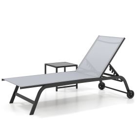 Tumbona exterior con mesa auxiliar, respaldo multinivel, tela transpirable, juego de 2 piezas, gris