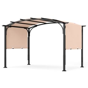Pérgola Retráctil Exterior 305x242x233cm con Techo Arqueado Estructura Metal Tejido Poliéster para Patio Terraza Porche Caqui