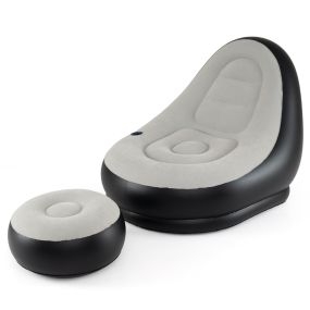 Sofá Hinchable con Otomana Portátil Superficie Flocada Portavasos Integrado para Exterior Interior Camping Sin Bomba Gris+Negro
