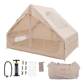 Tienda de Campaña Inflable Familiar 4 Personas con Apertura de Chimenea Doble Puerta Ventanas de Malla Bomba Aire Impermeable 4 Estaciones
