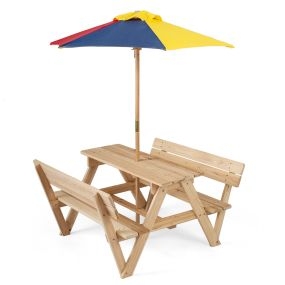 Mesa Picnic Infantil con 2 Bancos Integrados Sombrilla Extraíble Respaldo Madera Abeto para Niños 3-8 Años Playa Jardín Patio Natural
