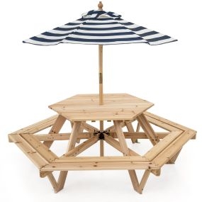 Mesa picnic hexagonal infantil con sombrilla ajustable para 6 niños madera sólida natural 162 x 141 x 53 cm