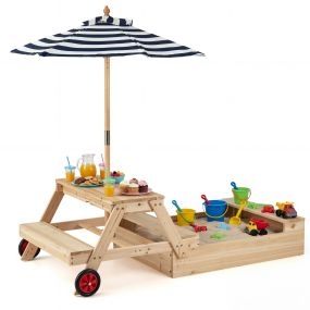 Arenero de Madera Infantil 3 en 1 con Sombrilla Ajustable Mesa Picnic Bancos 2 Compartimentos Ocultos Ruedas para Exterior 3-5 Años Natural