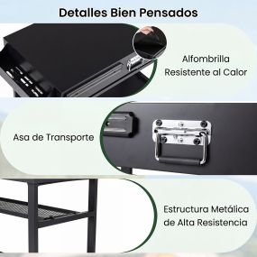 Carrito para barbacoa plegable con ruedas, freno y tres estantes de acero negro 109 x 46 x 86,5 cm