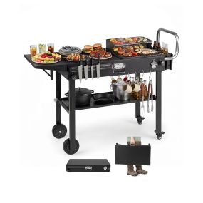 Mesa de parrilla plegable con ruedas y estante de acero inoxidable negro 118 x 43 x 88 cm