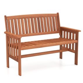 Banco Jardín Madera Exterior 2 Personas Respaldo Inclinado Reposabrazos Asiento Listones Terraza Patio Porche 59,5x119x89cm