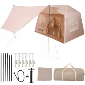 Tienda Inflable para 4-6 Personas con Bomba Puertas y Ventanas de Malla Estacas Cuerdas y Bolsa Transporte para Viajes Senderismo Caqui