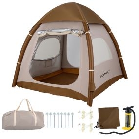 Tienda de Campaña Hinchable para 2-4 Personas con Bomba Aire Puertas y Ventanas de Malla Estacas Cuerdas Bolsa Transporte Café