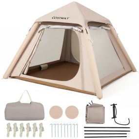 Tienda Inflable Familiar 2-4 Personas con Puertas Ventanas Malla Toldo Desmontable Bomba Impermeable para Camping Picnic Caqui