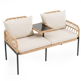 Banco de Jardín de 2 Plazas de Ratán PE con Mesa de Vidrio Templado Marco Metálico Respaldo y Reposabrazos para Terraza Patio Beige