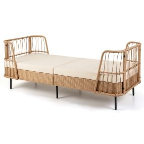 Sofá cama de ratán PE con brazos laterales, cojines acolchados, base regulable, beige, 192,5 x 79,5 x 77,5 cm