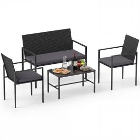 Conjunto Muebles Patio 4 Piezas Ratán Exterior Sillas y Sofá Mesa Café Vidrio Templado Cojines Suaves Jardín Porche Balcón Gris