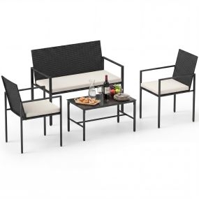Conjunto Muebles Patio 4 Piezas Ratán Exterior Sillas y Sofá Mesa Café Vidrio Templado Cojines Suaves Jardín Porche Balcón Crema