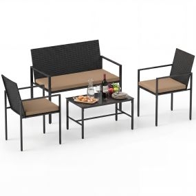 Conjunto Muebles Patio 4 Piezas Ratán Exterior Sillas y Sofá Mesa Café Vidrio Templado Cojines Suaves Jardín Porche Balcón Caqui