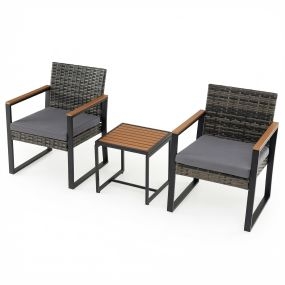 Conjunto de Muebles de Jardín de 3 Piezas de Ratán PE con Mesa y Sillas de Exterior con Respaldo Inclinado y Cojines Color Gris para Patio Terraza o Jardín