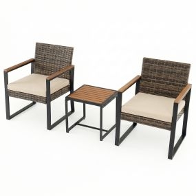 Conjunto de Muebles de Jardín de 3 Piezas de Ratán PE con Mesa y Sillas de Exterior con Respaldo Inclinado y Cojines Color Crema para Patio Terraza o Jardín