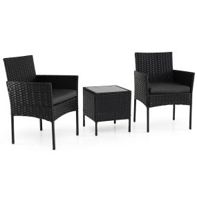 Conjunto de Muebles de Jardín de 3 Piezas Juego de Conversación de Ratán con 2 Sillas Mesa Auxiliar de Vidrio para Terraza Patio Balcón Negro