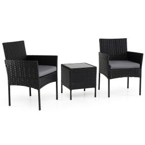 Conjunto de Muebles de Jardín de 3 Piezas Juego de Conversación de Ratán con 2 Sillas Mesa Auxiliar de Vidrio para Terraza Patio Balcón Gris