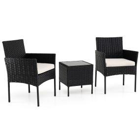 Conjunto de Muebles de Jardín de 3 Piezas Juego de Conversación de Ratán con 2 Sillas Mesa Auxiliar de Vidrio para Terraza Patio Balcón Beige
