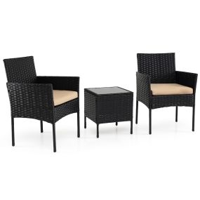 Conjunto de Muebles de Jardín de 3 Piezas Juego de Conversación de Ratán con 2 Sillas Mesa Auxiliar de Vidrio para Terraza Patio Balcón Marrón