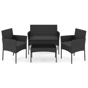 Conjunto de Ratán Jardín 4 Piezas con 2 Sillones Sofá 2 Plazas Mesa Auxiliar Cojines Esponja para Porche Patio Terraza Negro