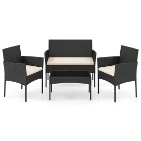 Conjunto de Ratán Jardín 4 Piezas con 2 Sillones Sofá 2 Plazas Mesa Auxiliar Cojines Esponja para Porche Patio Terraza Crema
