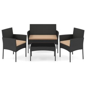 Conjunto de Ratán Jardín 4 Piezas con 2 Sillones Sofá 2 Plazas Mesa Auxiliar Cojines Esponja para Porche Patio Terraza Caqui