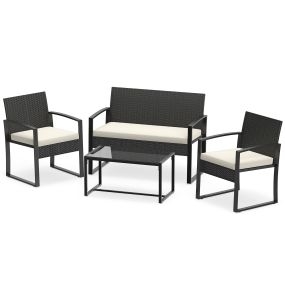 Juego de Muebles de Jardín de 4 Piezas de Ratán PE Negro con Sofá de 2 Plazas 2 Sillones Mesa de Vidrio Templado y Cojines Color Crema para Terraza Patio o Piscina