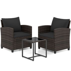 Juego de 3 Muebles de Ratán Marrón para Exterior con 2 Sillas Mesa de Vidrio y Cojines Negros Funda Desmontable para Jardín Terraza o Piscina