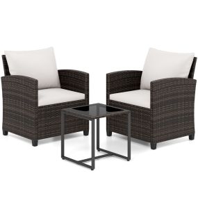 Juego de 3 Muebles de Ratán Marrón para Exterior con 2 Sillas Mesa de Vidrio y Cojines Beige Funda Desmontable para Jardín Terraza o Piscina
