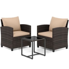 Juego de 3 Muebles de Ratán Marrón para Exterior con 2 Sillas Mesa de Vidrio y Cojines Marrón Funda Desmontable para Jardín Terraza o Piscina