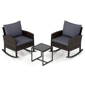 Conjunto de Ratán de 3 Piezas con Mesa de Cristal Templado y 2 Sillones Mecedores Cojines y Fundas Lavables para Terraza Patio Gris