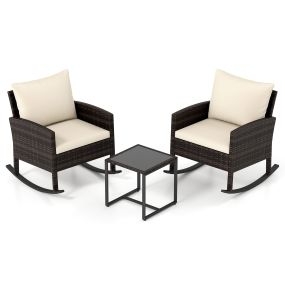 Conjunto de Ratán de 3 Piezas con Mesa de Cristal Templado y 2 Sillones Mecedores Cojines y Fundas Lavables para Terraza Patio Beige