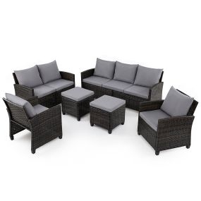Conjunto de jardín de ratán 6 piezas gris con 2 sofás 2 sillones 2 reposapiés y 16 cojines